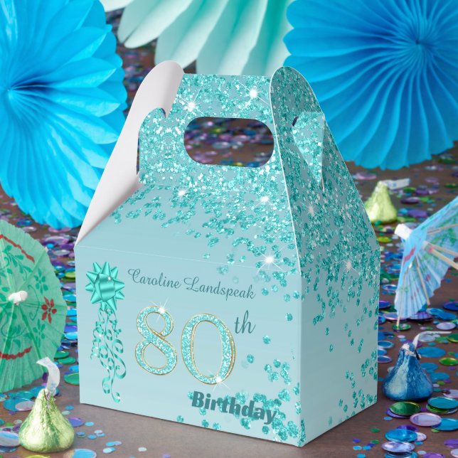 Teal Blue Glitter & Ribbon 80th Birthday Favour Box (Party)