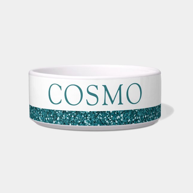 Teal Blue Glitter Sparkle Pet Name Bowl (Front)