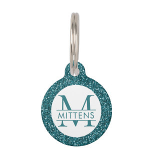 Teal Blue Glitter Sparkly Monogram Pet Tag