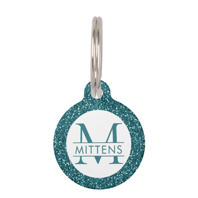 Teal Blue Glitter Sparkly Monogram Pet Tag (Front)