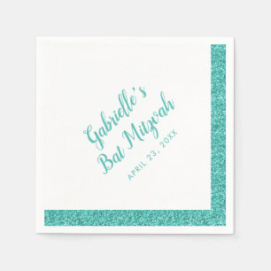 Teal Blue Glitter Stripe Personalised Bat Mitzvah Napkin