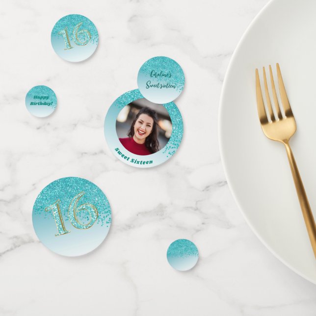 Teal Blue Glitter Sweet 16 Birthday Photo Confetti (Group)