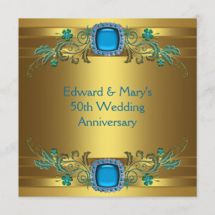 Teal Blue Gold 50th Wedding Anniversary Party Invitation