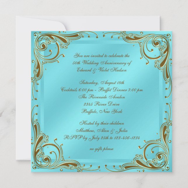 Teal Blue Gold 50th Wedding Anniversary Party Invitation (Front)