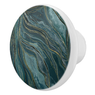 Teal Blue Gold Abstract Watercolor Waves Ceramic Knob