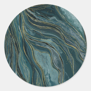 Teal Blue Gold Abstract Watercolor Waves Classic Round Sticker