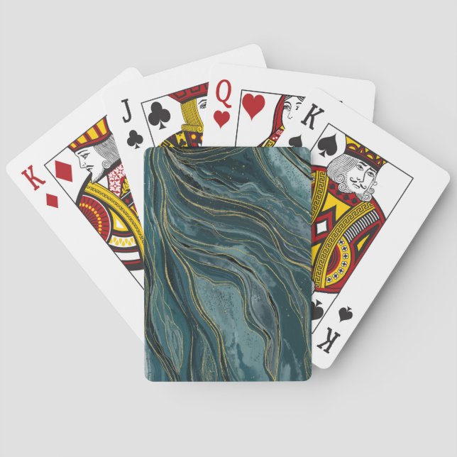 Teal Blue Gold Abstract Watercolor Waves Geode Playing Cards (Back)