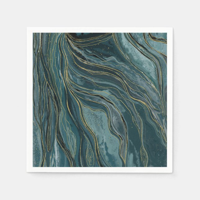 Teal Blue Gold Abstract Watercolor Waves Napkin (Front)