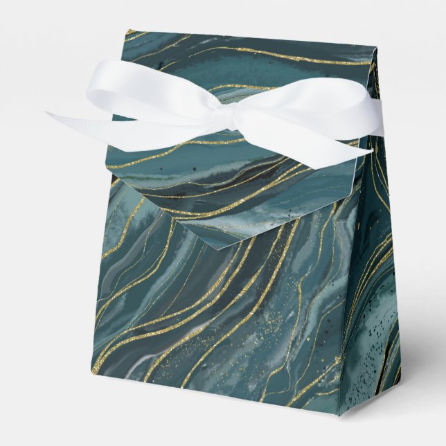 Teal Blue Gold Abstract Watercolor Wedding Favour Box (Front Side)