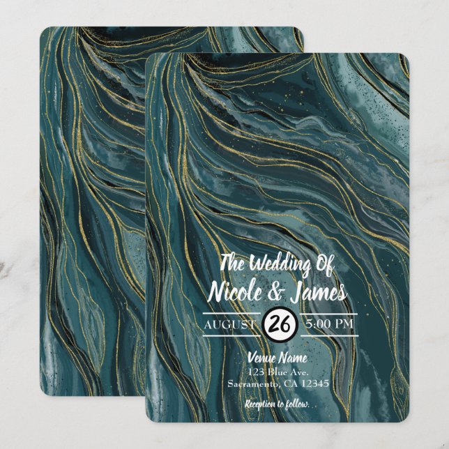 Teal Blue Gold Abstract Watercolor Wedding Invitation (Front/Back)