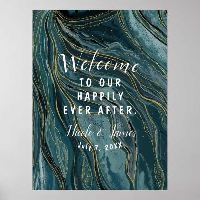 Teal Blue Gold Abstract Watercolor Wedding Sign (Front)