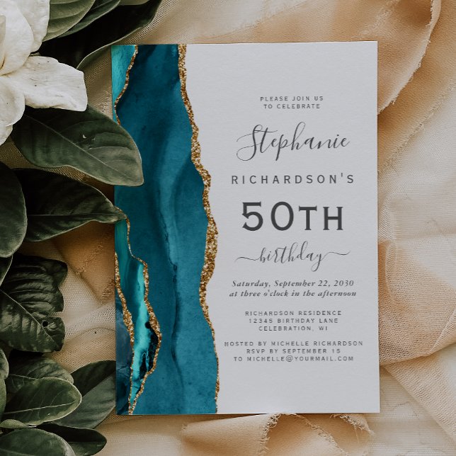 Teal Blue Gold Agate 50th Birthday Party Invitation (Creator Uploaded)