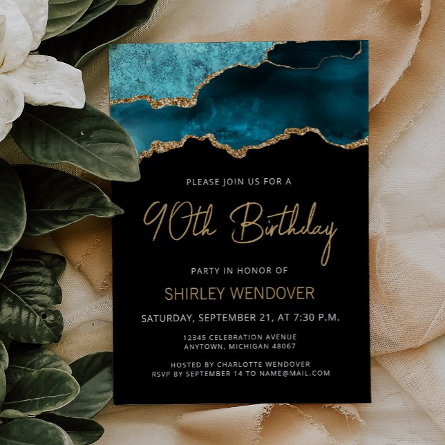 Teal Blue Gold Agate 90th Birthday Invitation (Creator Uploaded)