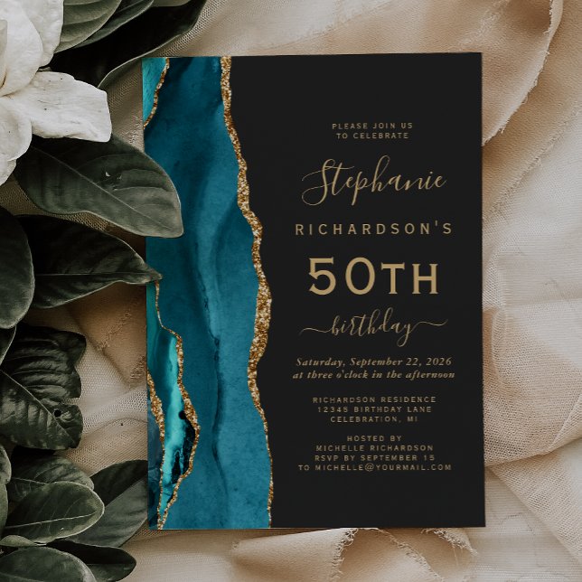 Teal Blue Gold Agate Dark 50th Birthday Party Invitation (Creator Uploaded)