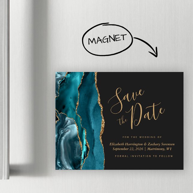 Teal Blue Gold Agate Dark Magnetic Save the Date (Creator Uploaded)