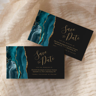 Teal Blue Gold Agate Dark Magnetic Save the Date