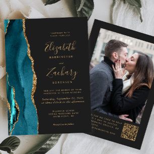 Teal Blue Gold Agate Dark Photo QR Code Wedding Invitation