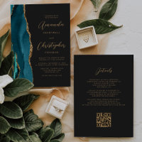 Teal Blue Gold Agate Dark QR Code Wedding