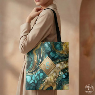Teal Blue Gold Agate Geode Marble Monogram Name Tote Bag