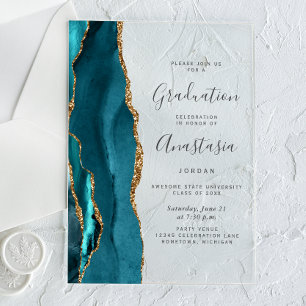 Teal Blue Gold Agate Gray Text Graduation Acrylic Invitations