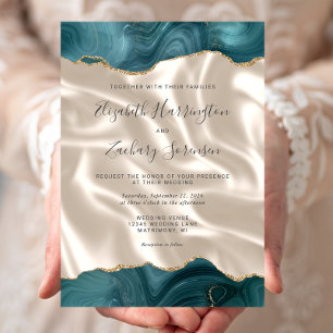 Teal Blue Gold Agate Ivory Silk Wedding Invitation