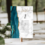 Teal Blue Gold Agate Marble Wedding Table Number<br><div class="desc">The left-hand edge of this elegant modern wedding table number card features a teal blue watercolor agate border trimmed with faux gold glitter. The word "table" appears in gold-coloured handwriting script on a grey and white marble background. Add the table number and the names of your guests who are assigned...</div>