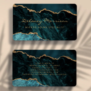 Teal Blue Gold Agate Microblading Rounded Business Card