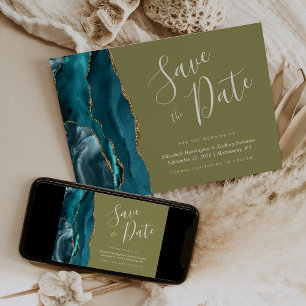 Teal Blue Gold Agate Olive Green Save the Date Invitation