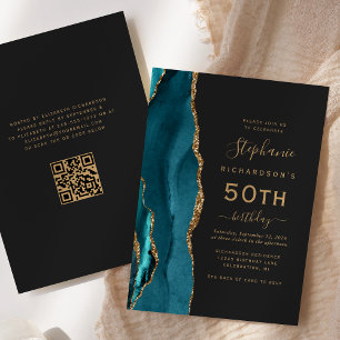 Teal Blue Gold Agate QR Code 50th Birthday Invitation