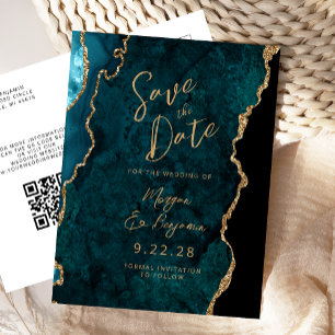 Teal Blue Gold Agate QR Code Save the Date Announcement Postcard