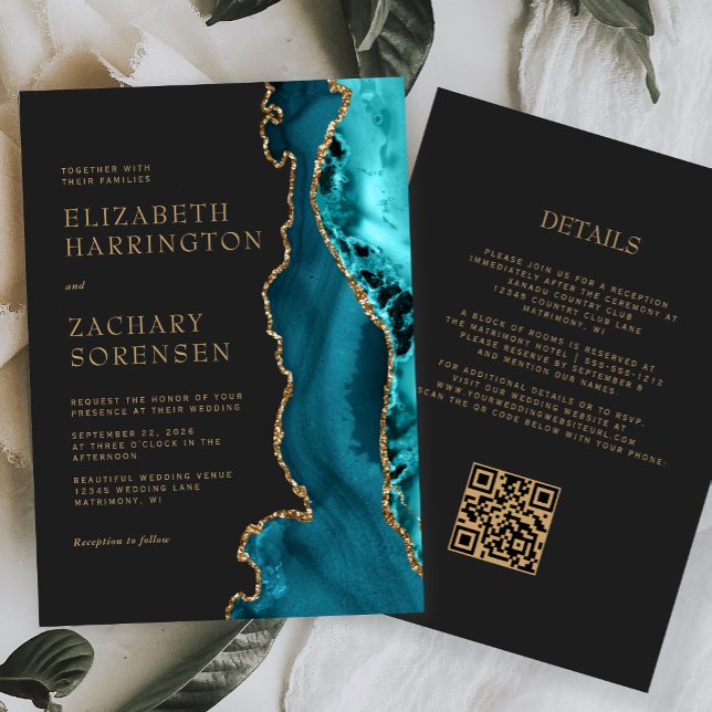Teal Blue Gold Agate QR Code Wedding Invitation (Creator Uploaded)