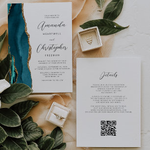 Teal Blue Gold Agate QR Code Wedding Invitation