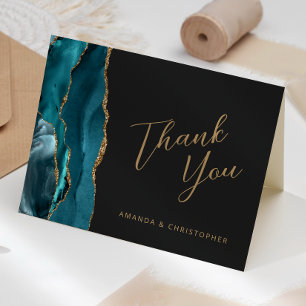 Teal Blue Gold Agate Script Dark Wedding Thank You Card