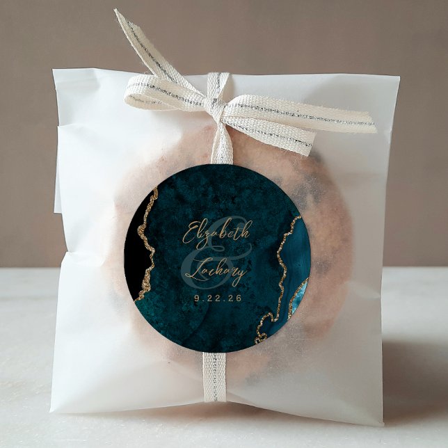 Teal Blue Gold Agate Script Wedding Classic Round Sticker (Creator Uploaded)