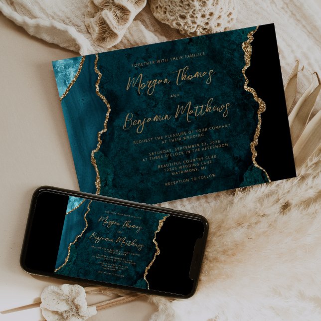Teal Blue Gold Agate Script Wedding Invitation (Creator Uploaded)