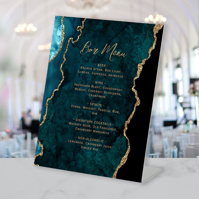 Teal Blue Gold Agate Wedding Bar Menu Pedestal Sign (Creator Uploaded)