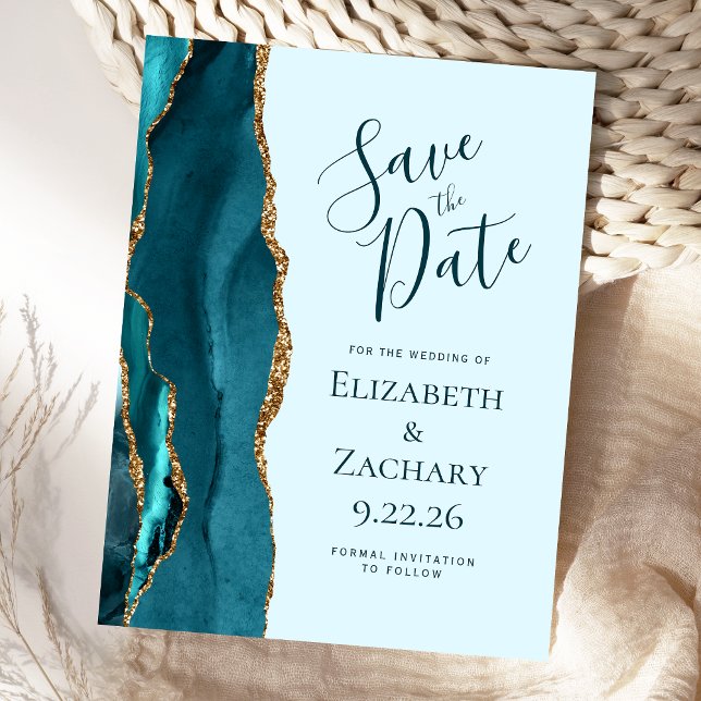 Teal Blue Gold Agate Wedding Save the Date Announcement Postcard (Creator Uploaded)