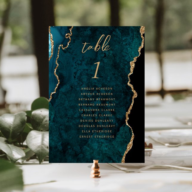 Teal Blue Gold Agate Wedding Table Number (Creator Uploaded)