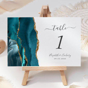 Teal Blue Gold Agate Wedding Table Number