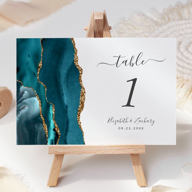 Teal Blue Gold Agate Wedding Table Number (Creator Uploaded)