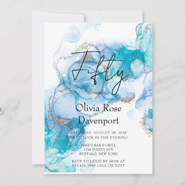 Teal Blue & Gold Alcohol Ink 50th Birthday Party  Invitation (Front)