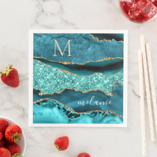 Teal Blue Gold Aqua Custom Letter Name Napkins
