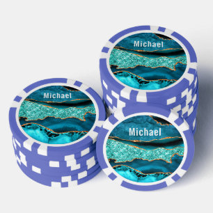 Teal Blue Gold Aqua Marble Custom Name Poker Chips