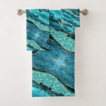 Teal Blue Gold Aqua Turquoise Bathy Towel Set