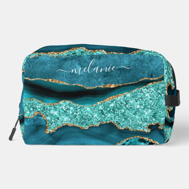 Teal Blue Gold Aqua Turquoise Custom Your Name Dopp Kit (Back)