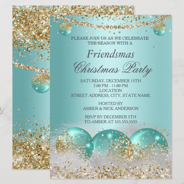 Teal blue Gold Baubles Friendsmas Christmas Party Invitation (Front/Back)
