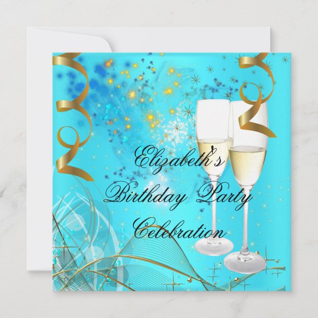 Teal Blue Gold Birthday Party Champagne Invitation (Front)