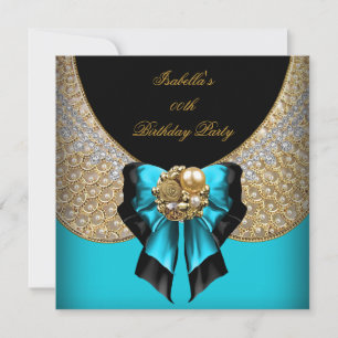 Teal Blue Gold Black Elegant Birthday Party Invitation