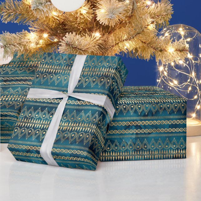 Teal Blue Gold Boho  Wrapping Paper (Holidays)