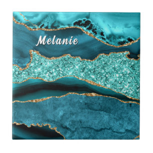 Teal Blue Gold Ceramic Tile Personalised Name